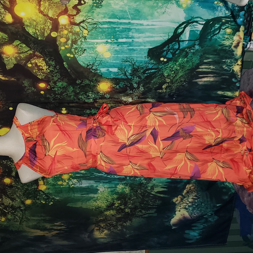 Maxi dress, orange with flowers. Size small